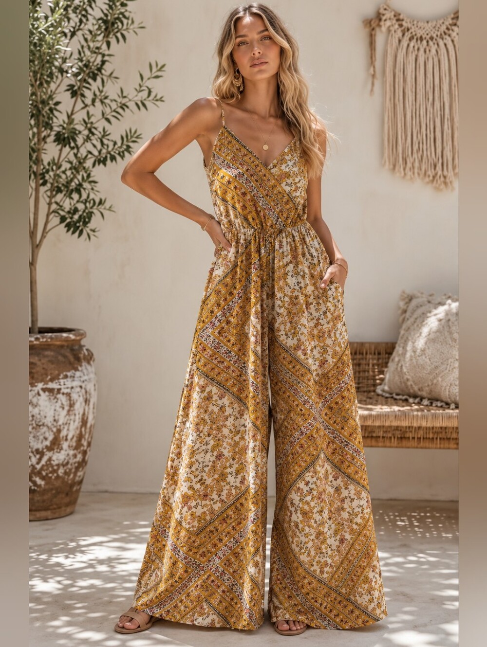 Jaase Marigold Bandana Print Floral Boho Jumpsuit